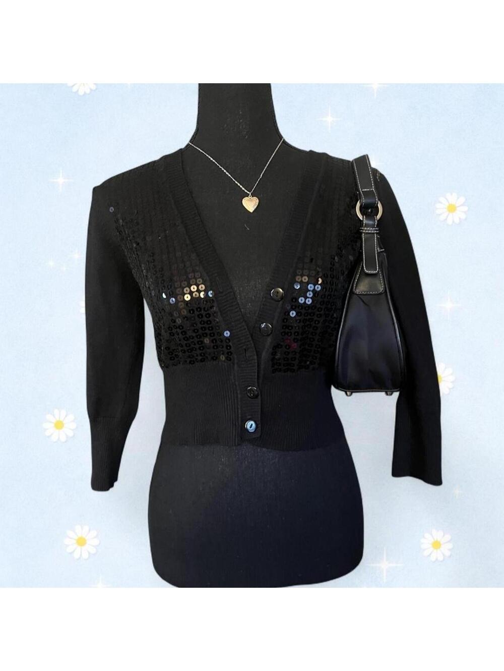 vintage y2k say what black sequin cropped baby cardigan size large 🖤